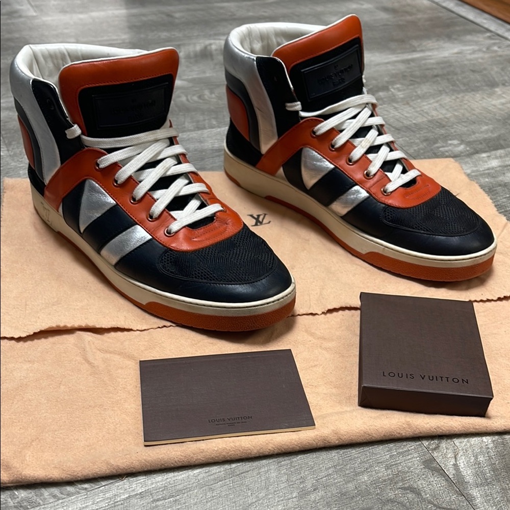 Authentic Louis Vuitton Men's Black and Orange High Top Sneakers & Dust Bag